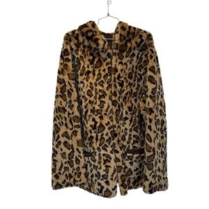 Denim & Co XL leopard print faux fur zip up reversible jacket with hood